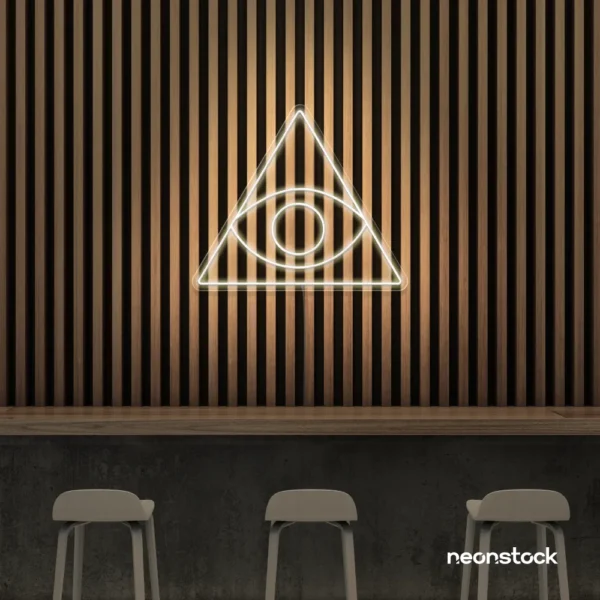 Eye of Providence neon sign in neutral white – symbolic LED wall decor for spiritual and modern spaces.
