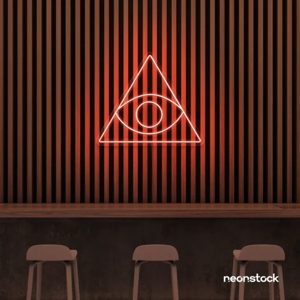 Eye of Providence neon sign in peachy pink – symbolic LED wall decor for spiritual and modern spaces.