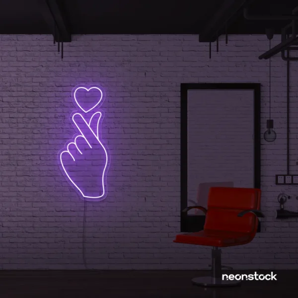 Finger heart neon sign in purple for bedroom and dorm room decor