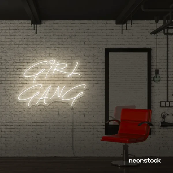 Girl Gang neon sign in neutral white for dorm rooms, glam spaces, and bestie walls.