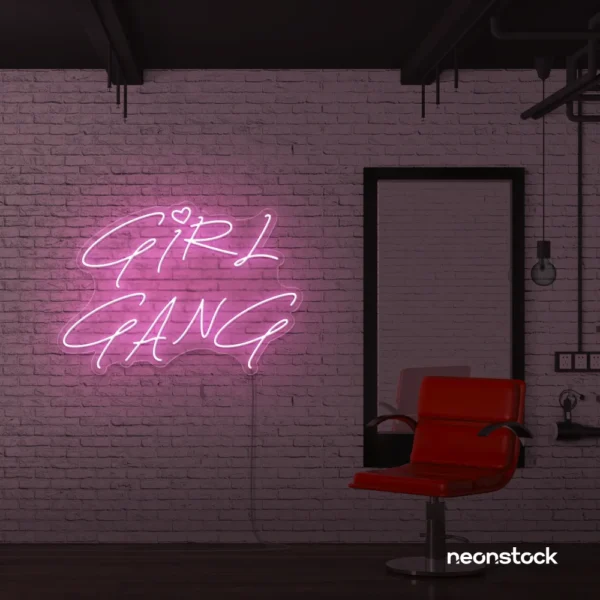 Girl Gang neon sign in baby pink for dorm rooms, glam spaces, and bestie walls.