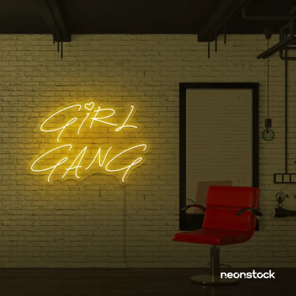Girl Gang neon sign in golden yellow for dorm rooms, glam spaces, and bestie walls.