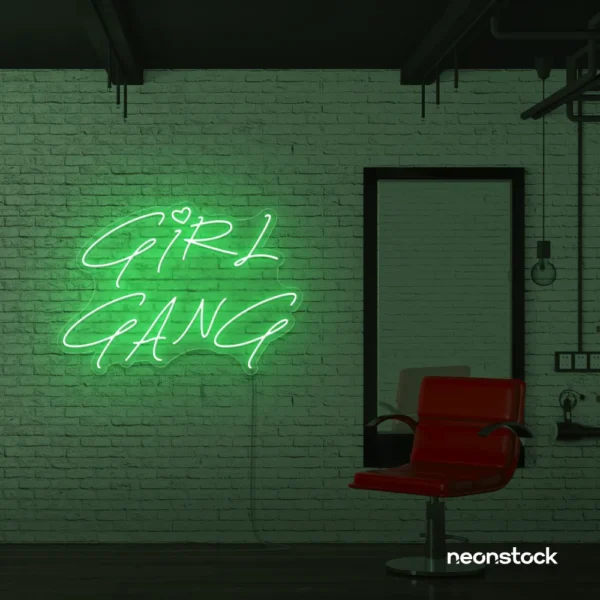 Girl Gang neon sign in green for dorm rooms, glam spaces, and bestie walls.
