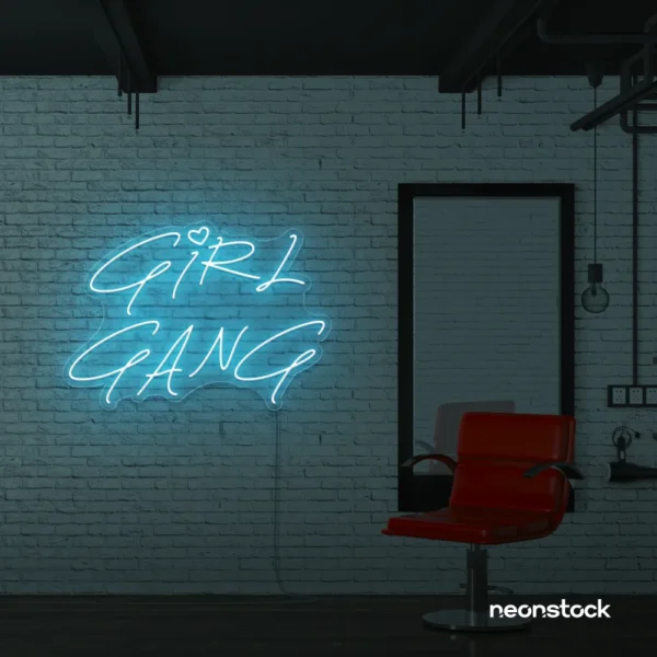 Girl Gang neon sign in ice blue for dorm rooms, glam spaces, and bestie walls.