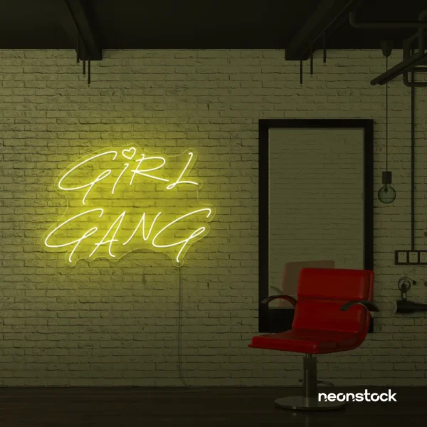 Girl Gang neon sign in lemon yellow for dorm rooms, glam spaces, and bestie walls.