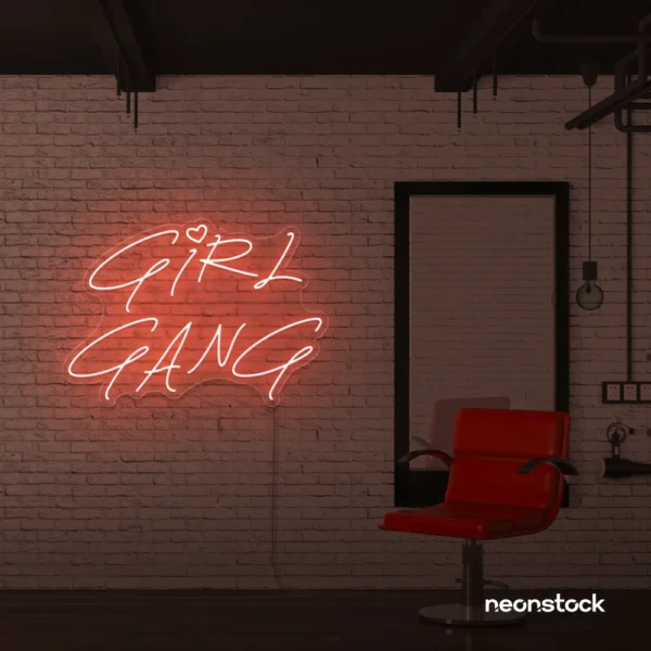Girl Gang neon sign in peachy pink for dorm rooms, glam spaces, and bestie walls.