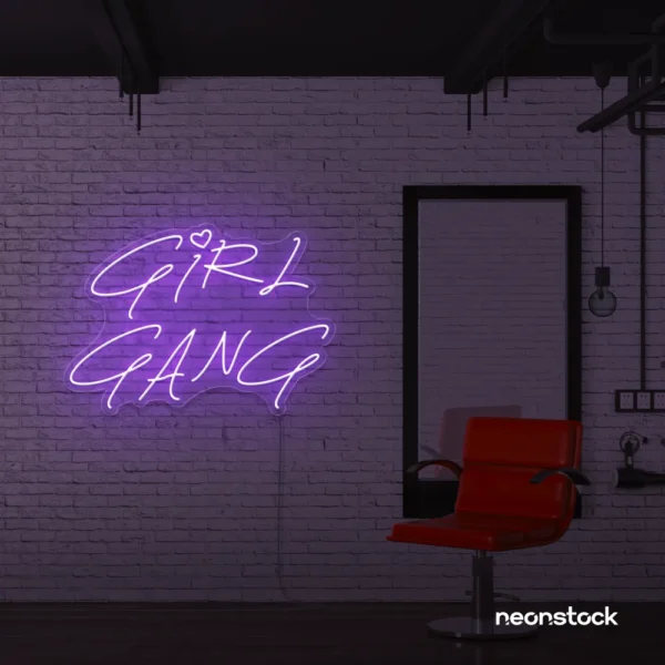Girl Gang neon sign in purple for dorm rooms, glam spaces, and bestie walls.