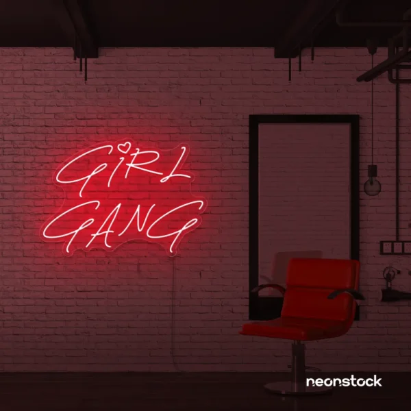 Girl Gang neon sign in red for dorm rooms, glam spaces, and bestie walls.