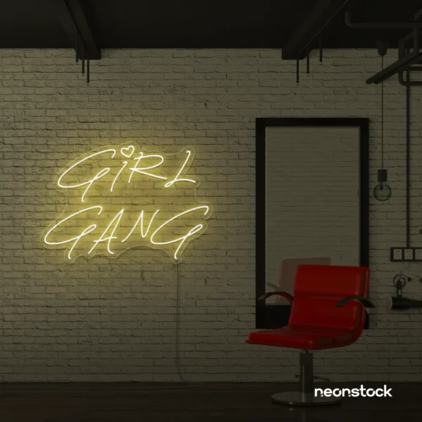 Girl Gang neon sign in warm white for dorm rooms, glam spaces, and bestie walls.