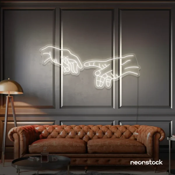 Hands neon sign in neutral white – modern wall art symbolizing connection and emotion.