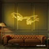 Hands neon sign in golden yellow – modern wall art symbolizing connection and emotion.