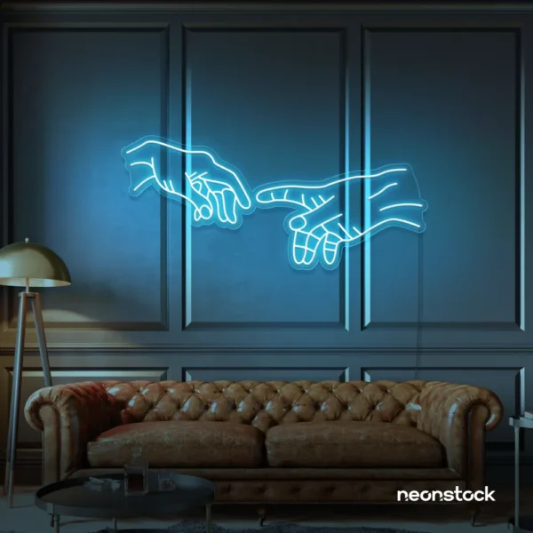 Hands neon sign in ice blue – modern wall art symbolizing connection and emotion.