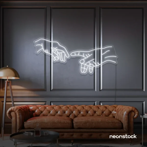 Hands neon sign in white – modern wall art symbolizing connection and emotion.
