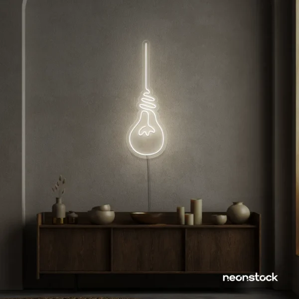 Hanging bulb neon sign in neutral white for cafes, offices, and creative spaces.
