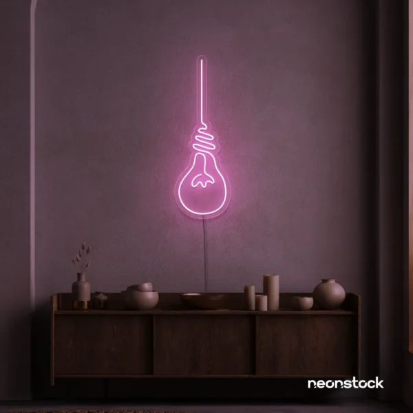 Hanging bulb neon sign in baby pink for cafes, offices, and creative spaces.
