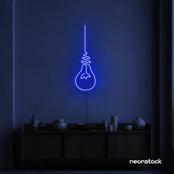 Hanging bulb neon sign in dark blue for cafes, offices, and creative spaces.