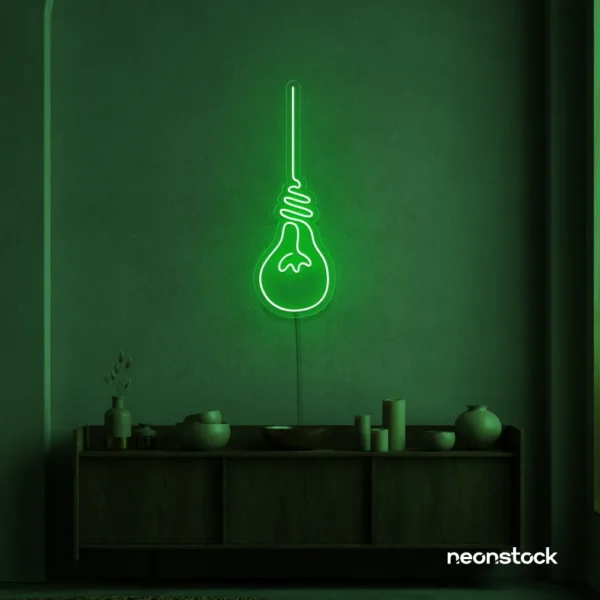 Hanging bulb neon sign in deep green for cafes, offices, and creative spaces.