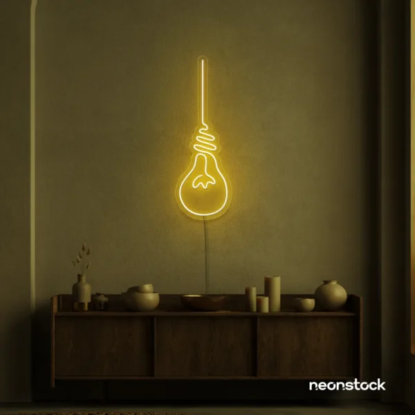 Hanging bulb neon sign in golden yellow for cafes, offices, and creative spaces.