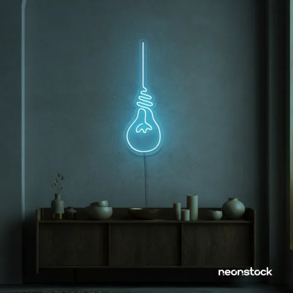 Hanging bulb neon sign in ice blue for cafes, offices, and creative spaces.