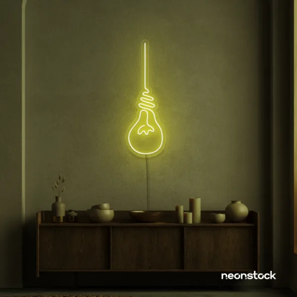 Hanging bulb neon sign in lemon yellow for cafes, offices, and creative spaces.