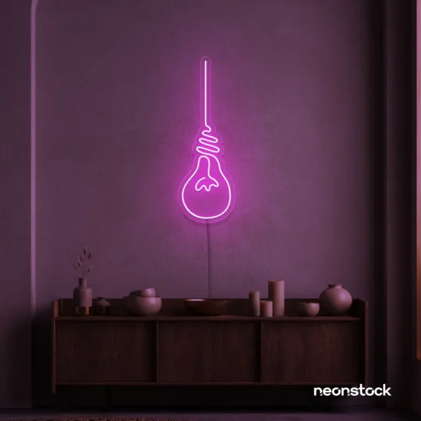 Hanging bulb neon sign in pink for cafes, offices, and creative spaces.
