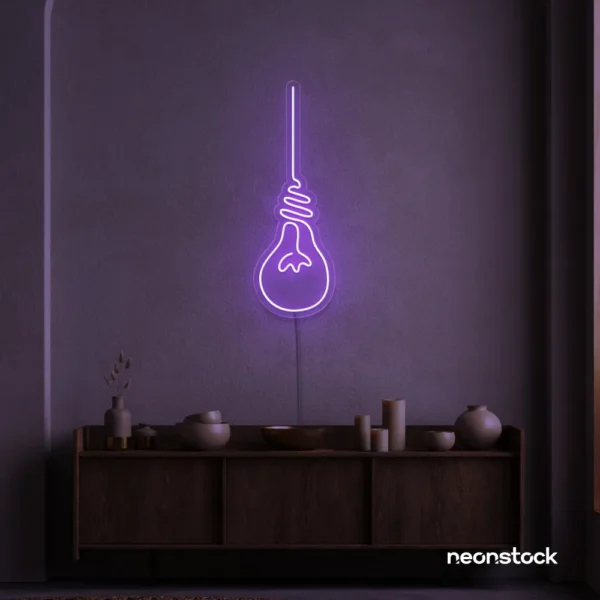 Hanging bulb neon sign in purple for cafes, offices, and creative spaces.