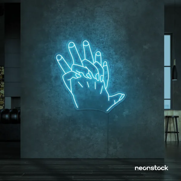 Holding hands neon sign in ice blue – emotional LED wall decor.