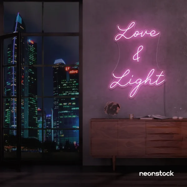 Love and Light neon sign in baby pink for weddings, romantic decor, and celebration backdrops.