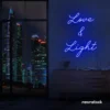 Love and Light neon sign in dark blue for weddings, romantic decor, and celebration backdrops.