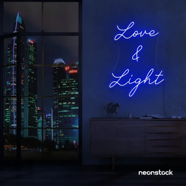 Love and Light neon sign in dark blue for weddings, romantic decor, and celebration backdrops.