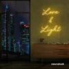 Love and Light neon sign in golden yellow for weddings, romantic decor, and celebration backdrops.