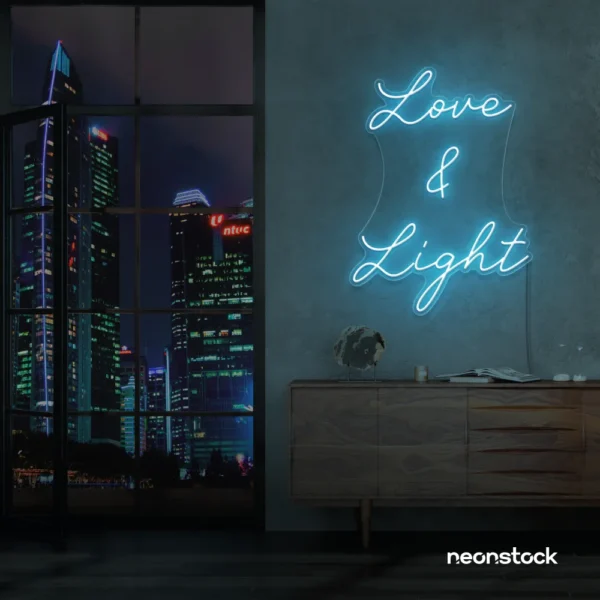 Love and Light neon sign in ice blue for weddings, romantic decor, and celebration backdrops.
