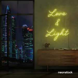 Love and Light neon sign in lemon yellow for weddings, romantic decor, and celebration backdrops.