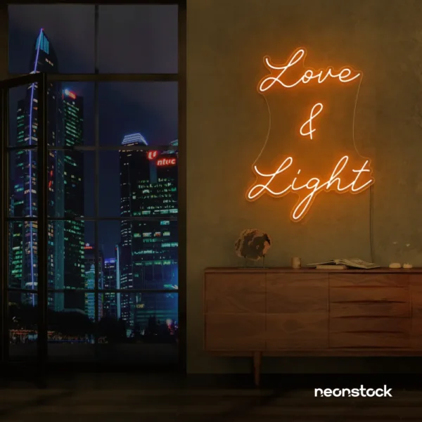 Love and Light neon sign in orange for weddings, romantic decor, and celebration backdrops.