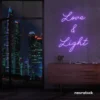 Love and Light neon sign in purple for weddings, romantic decor, and celebration backdrops.