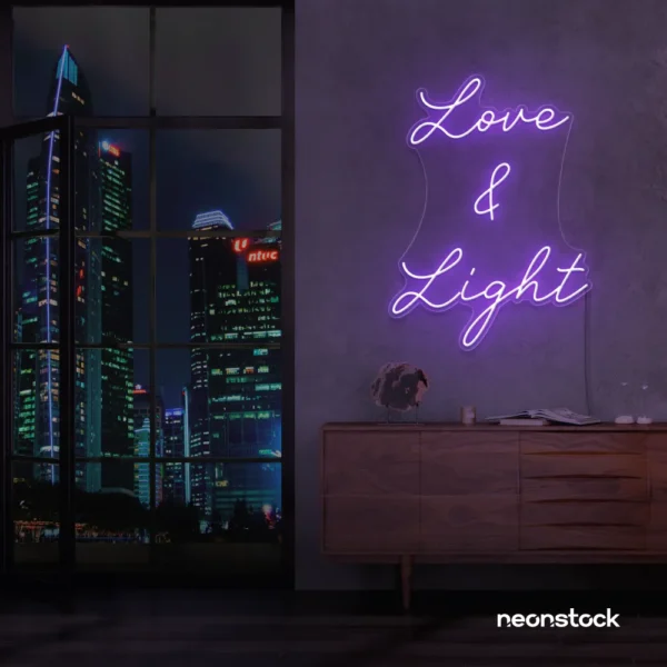 Love and Light neon sign in purple for weddings, romantic decor, and celebration backdrops.