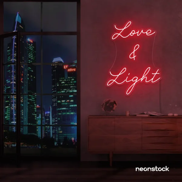 Love and Light neon sign in red for weddings, romantic decor, and celebration backdrops.