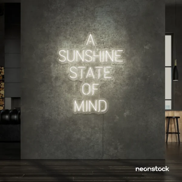 A Sunshine State of Mind neon sign in neutral white for beachy decor, positive vibes, and cozy spaces.