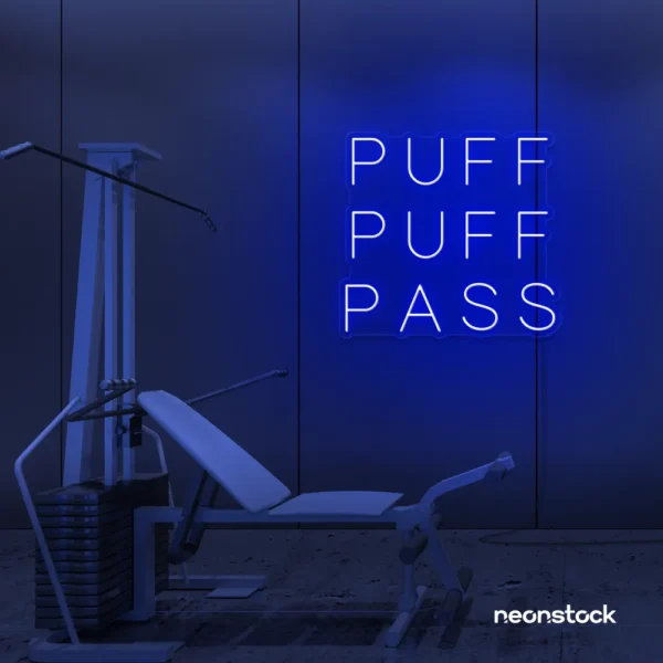 Puff Puff Pass neon sign in dark blue for man caves, smoking lounges, and garage walls.
