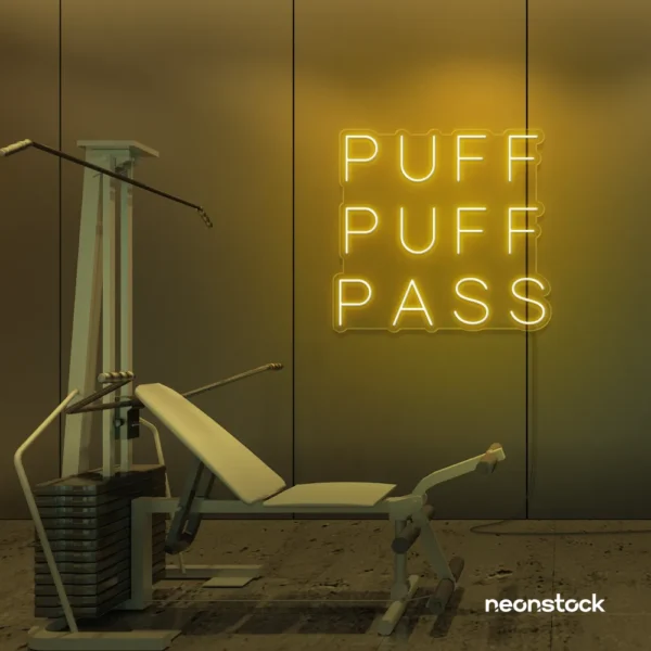 Puff Puff Pass neon sign in golden yellow for man caves, smoking lounges, and garage walls.