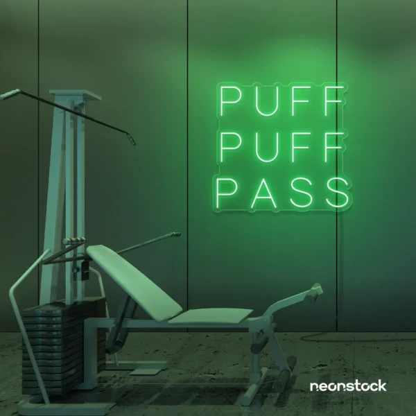 Puff Puff Pass neon sign in green for man caves, smoking lounges, and garage walls.