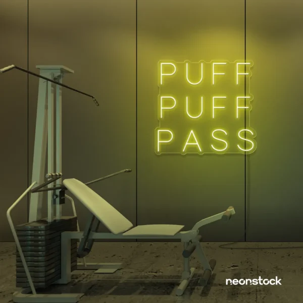 Puff Puff Pass neon sign in lemon yellow for man caves, smoking lounges, and garage walls.