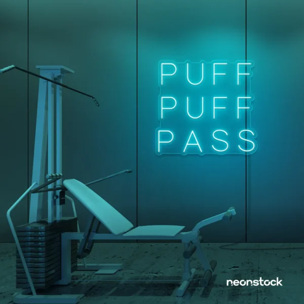 Puff Puff Pass neon sign in mint green for man caves, smoking lounges, and garage walls.