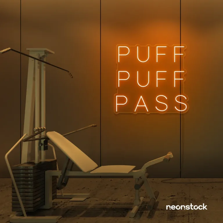 Puff Puff Pass neon sign in orange for man caves, smoking lounges, and garage walls.