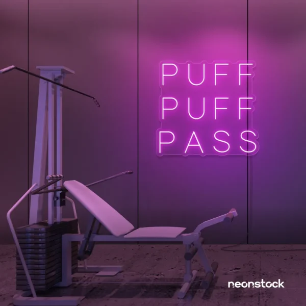 Puff Puff Pass neon sign in pink for man caves, smoking lounges, and garage walls.