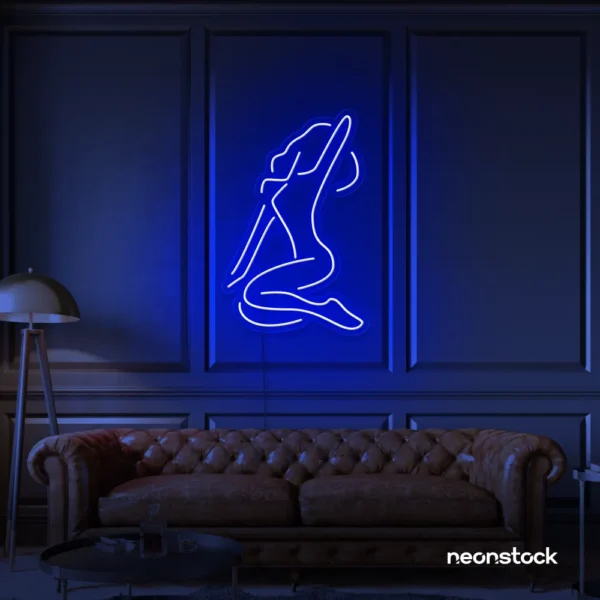 Sitting woman neon sign in dark blue for minimalist wall art and feminine home decor.