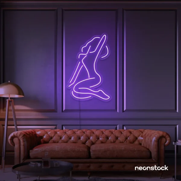 Sitting woman neon sign in purple for minimalist wall art and feminine home decor.