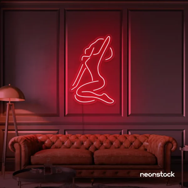 Sitting woman neon sign in red for minimalist wall art and feminine home decor.