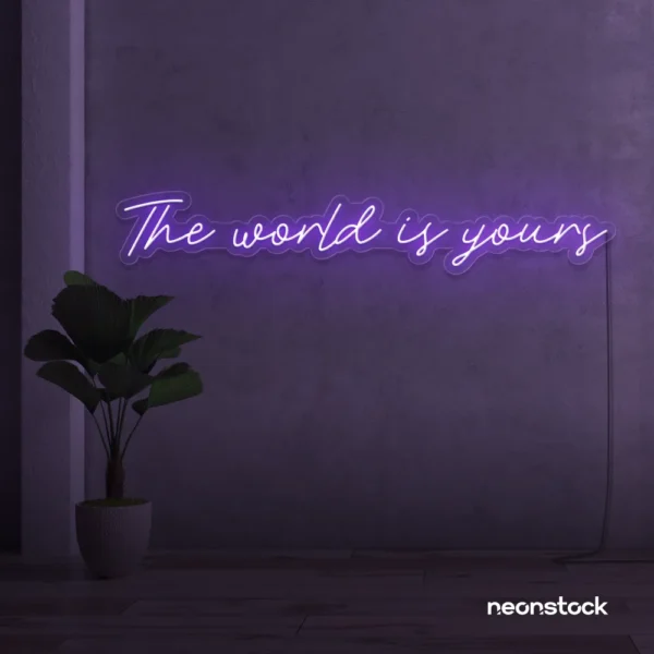 The World Is Yours neon sign in purple for visionary decor, inspiring spaces, and modern walls.