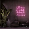 This Home Is Built on Love and Shenanigans neon sign in baby pink for family walls, living rooms, and cozy decor.